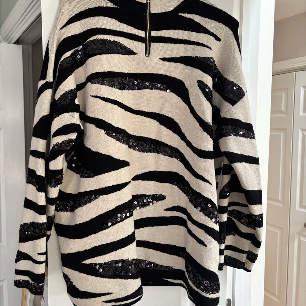 Chico's Black & Cream Zebra Sequin Zip-Neck Sweater